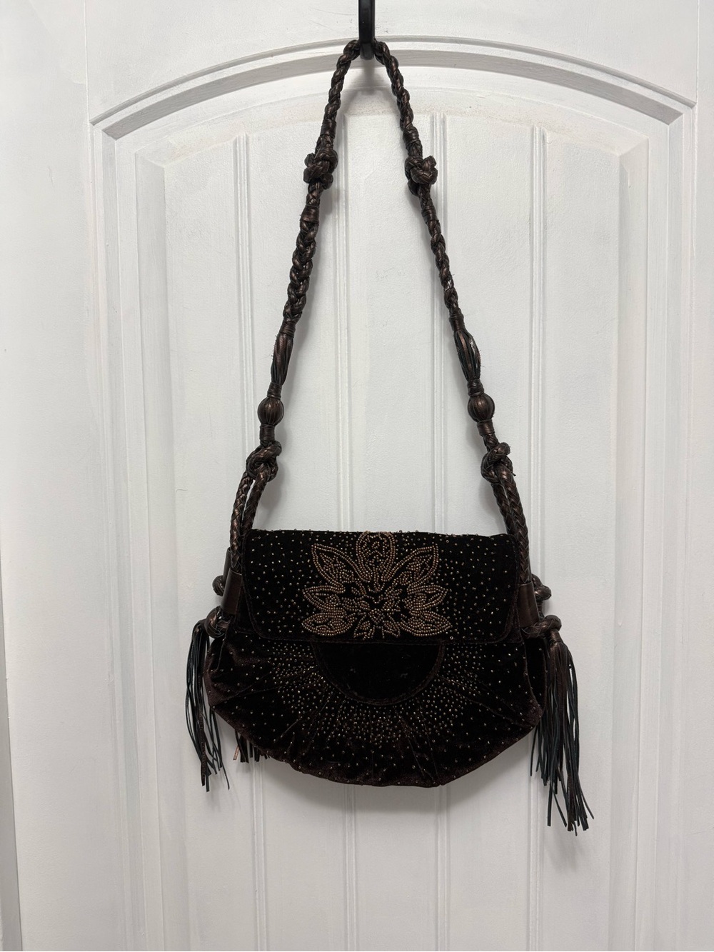 Francesco Biasia Beautiful Brown Velvet And Gold Beaded Vintage Purse Bag (51-4)